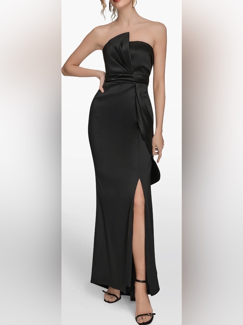 NEW Donna Karan New York Asymmetric Strapless Black Satin Gown Sz 4